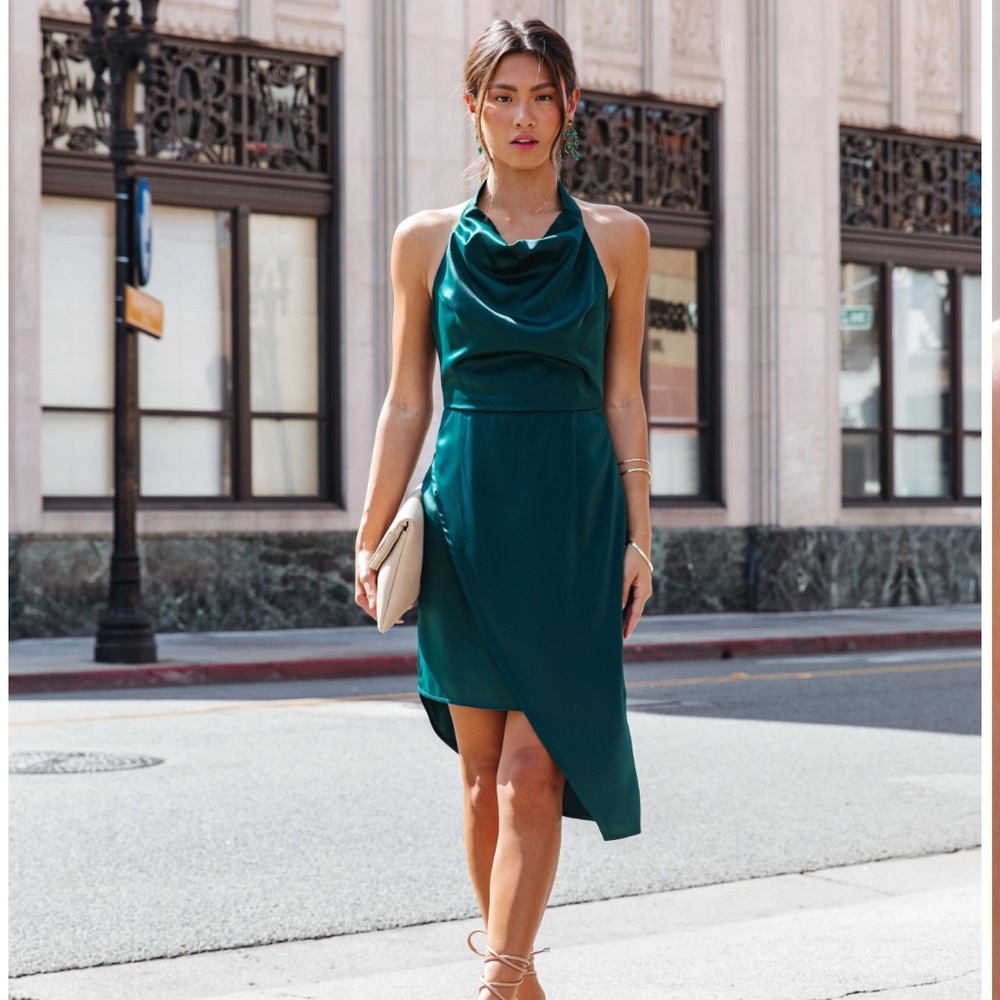 Halter Cowl Neck Asymmetrical Teal Dress from Vici
